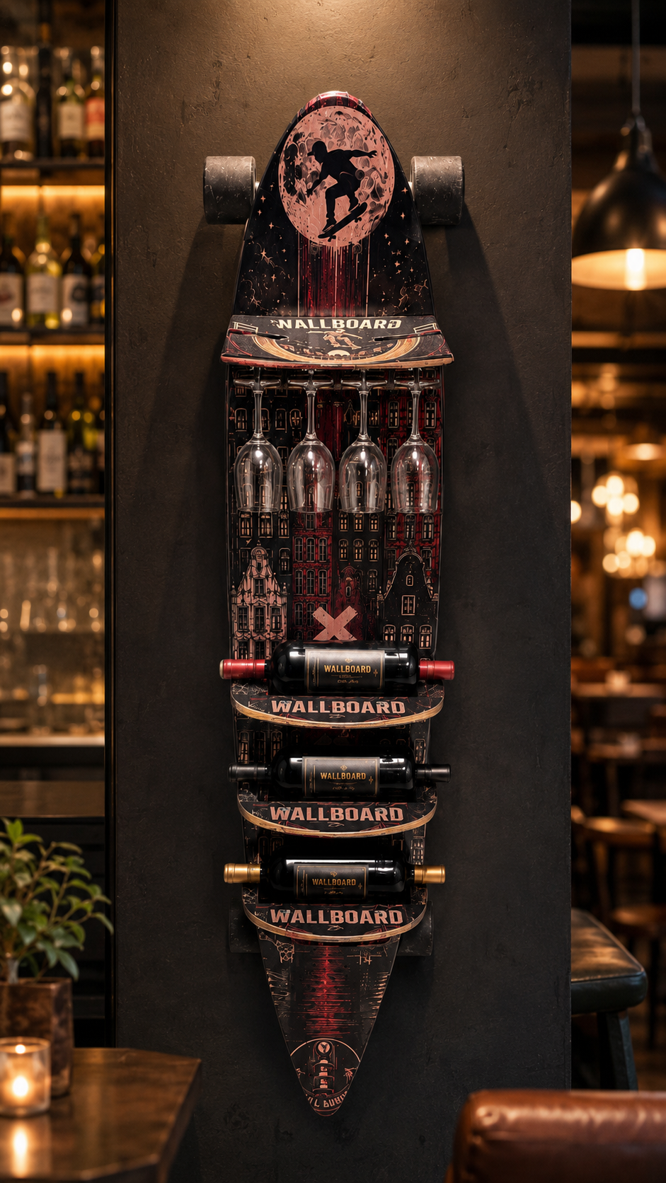Wallboard installed on a wall, holding four bottles and four glasses on a retired, hand-finished skateboard deck.