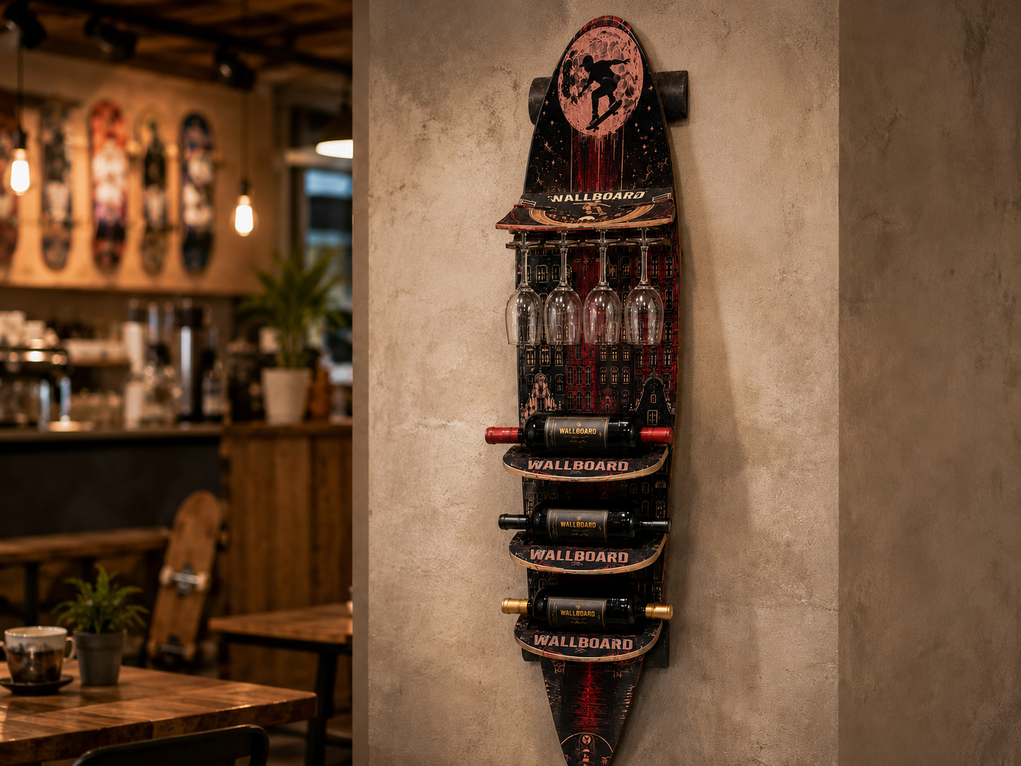 Full scene of the Wallboard wine rack installed on a wall in a café, holding four bottles and four glasses beneath the tail of a retired skateboard deck.