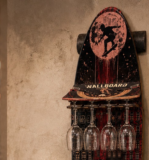 Detail of the deck's original nose graphic, kept scratched and worn on the finished, installed rack.