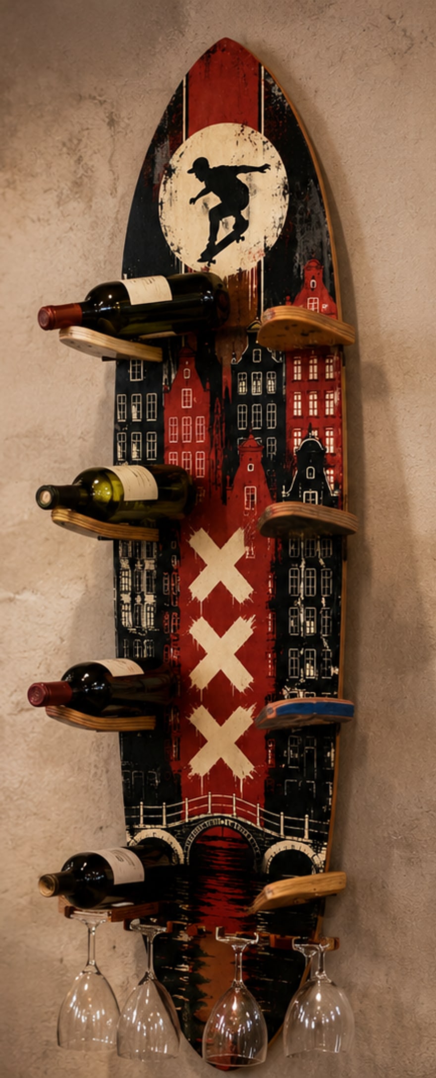 Design render of a retired skateboard deck rebuilt as a wall-mounted wine rack, holding four bottles and four glasses beneath the tail.