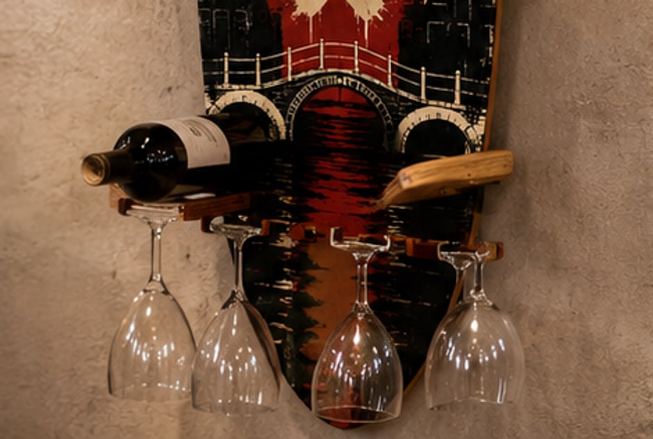 Detail of the bottle cradles and glass rail cut from a second deck and fixed under the tail.