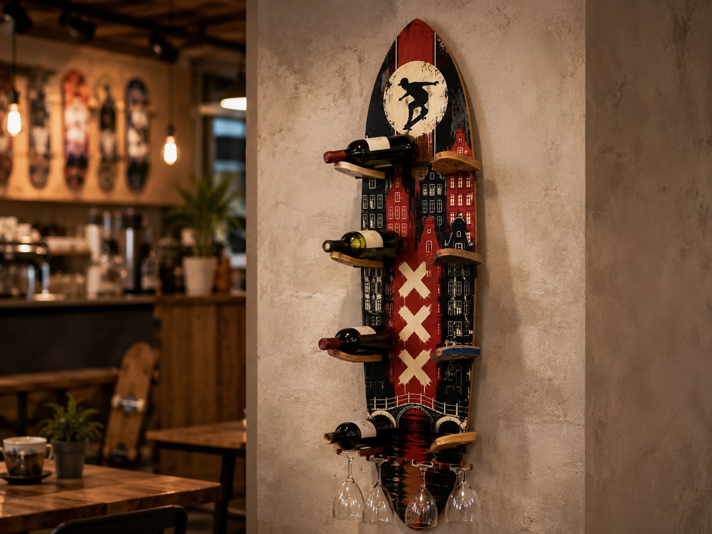 Full scene design render of the Wine Rack 001, a retired skateboard deck mounted on a wall as a bottle and glass rack.