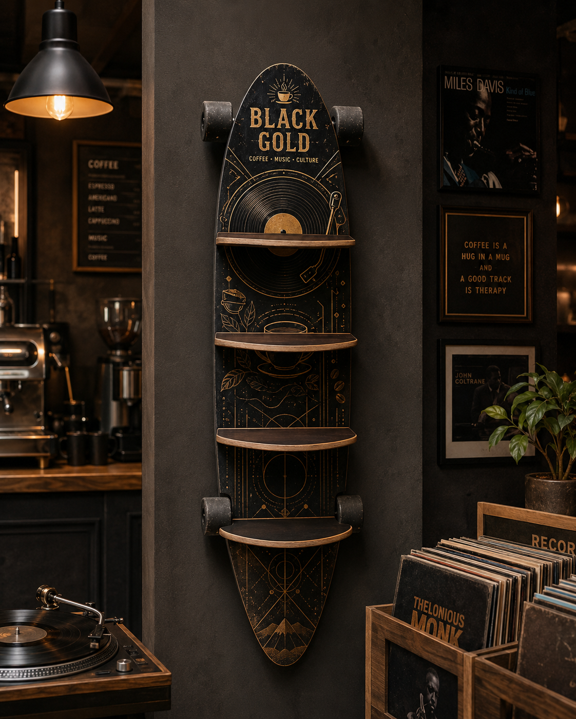 Concept render of a Wallboard wine rack installed in Black Gold.