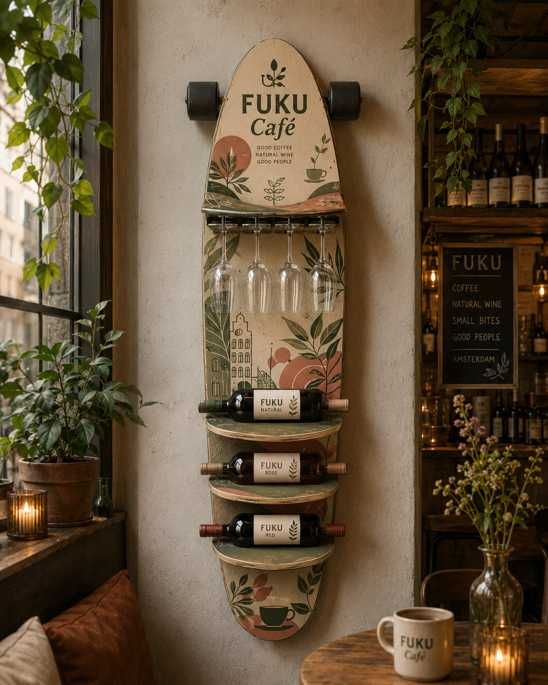 Concept render of a Wallboard wine rack installed in FUKU Café.
