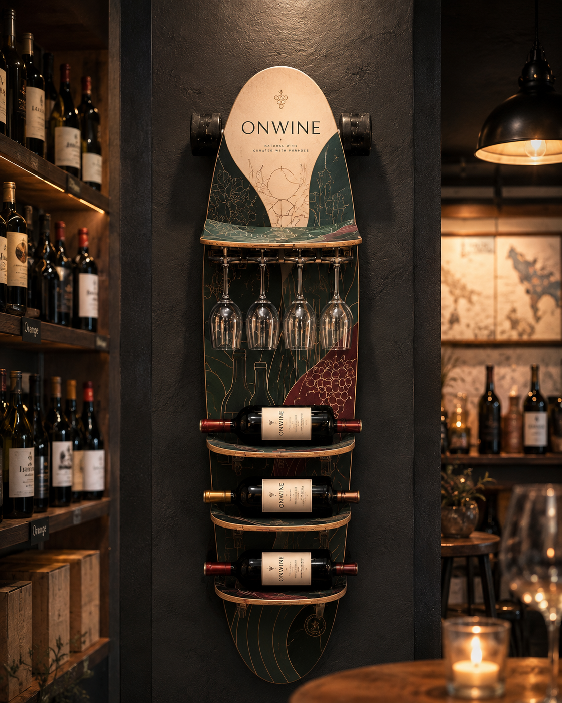 Concept render of a Wallboard wine rack installed in ONWINE.