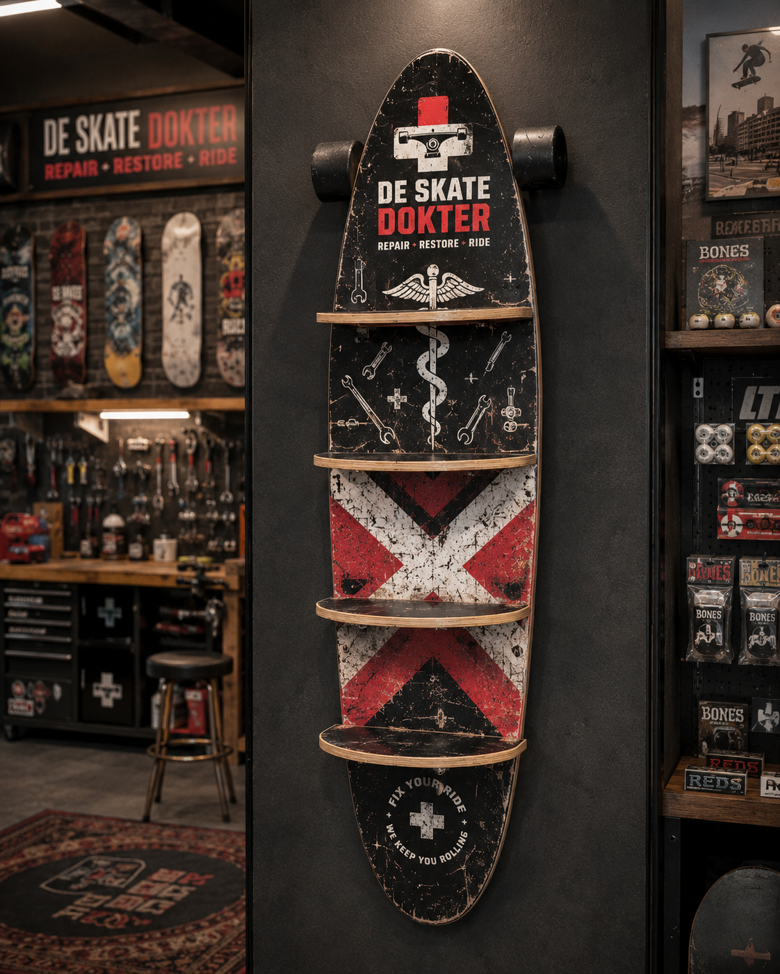 Concept render of a Wallboard wine rack installed in De Skate Dokter.